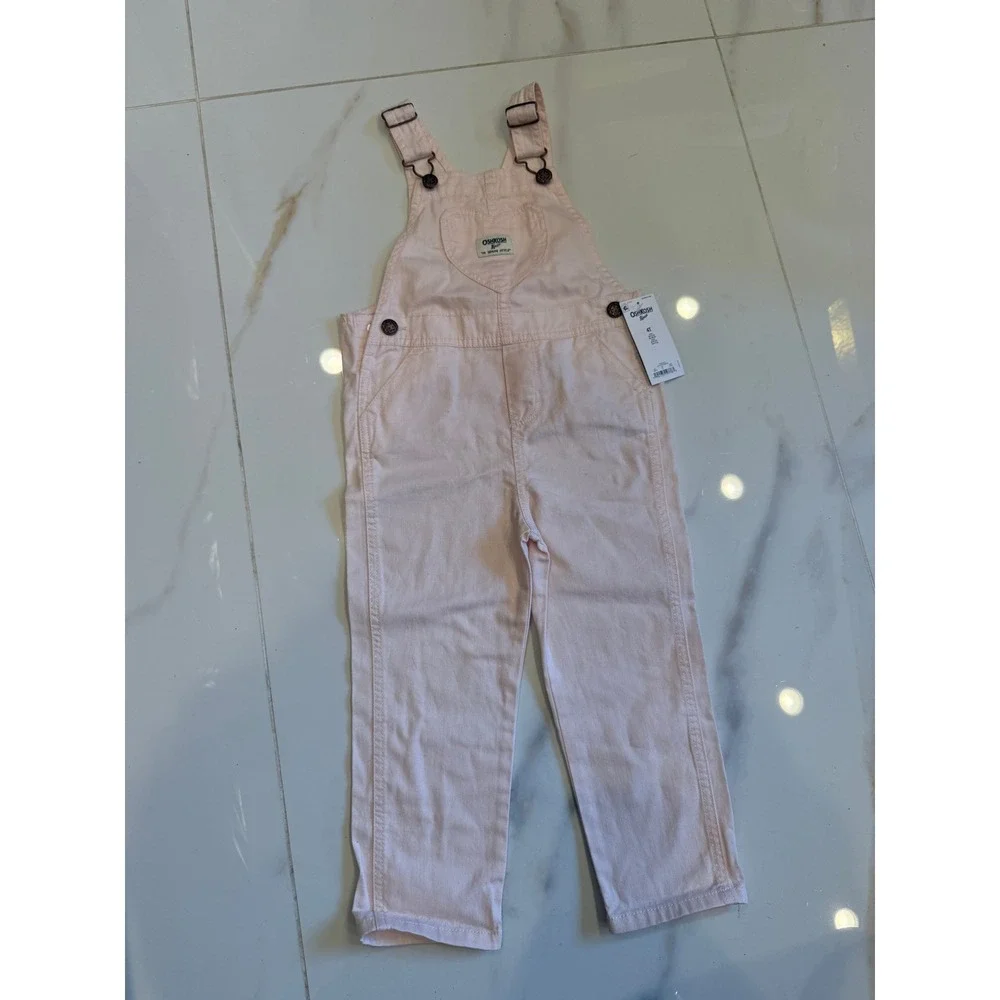 OshKosh Bgosh Girls Pink Denim‎ Heart Pocket Overalls Size 4T NWT